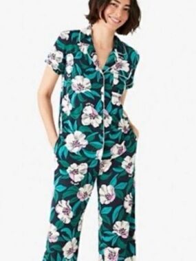 Kate Spade Pajamas 2 piece Set Blossom Floral Print Navy Pink Large/XL Soft Knit